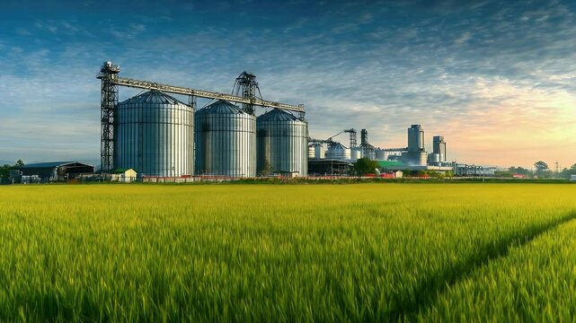 Sunrise over golden rice fields with silos and industrial buildings in the background, showcasing agriculture