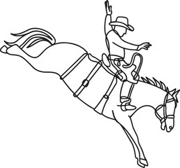 Cowboy riding horse one line illustration, Minimal western rodeo scene vector