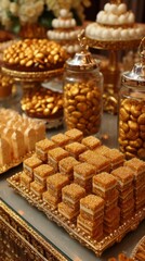 Fototapeta premium Golden Dessert Display: Honey Cakes and Candies