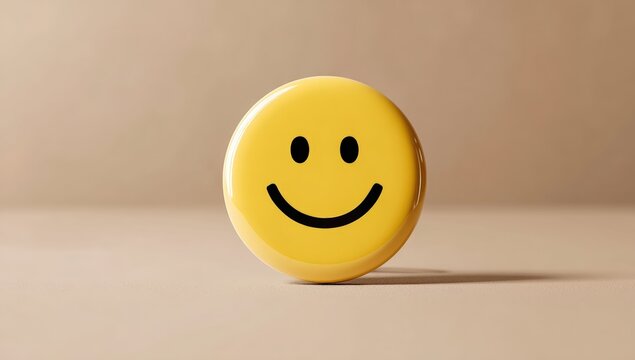 A yellow smiley face button stands upright on a neutral beige surface with a soft background.