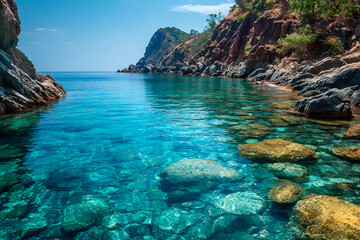 Rocky coastal lagoon with crystal clear turquoise water revealing underwater stones and surrounded by rugged cliffs and sparse vegetation