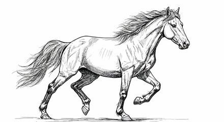 Dynamic Sketch of a Running Horse with Flowing Mane and Tail