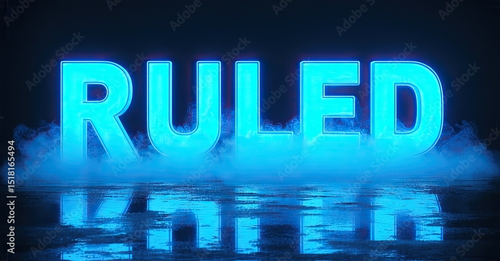 Poster bright blue text reads ruled with reflection. smoke effects enhance neon glow. dark background creat