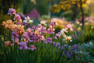 Fototapeta premium Colorful Irises Blooming in a Lush Garden at Sunset