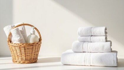 Fototapeta premium White towels stacked beside basket of toiletries in bright bathroom 