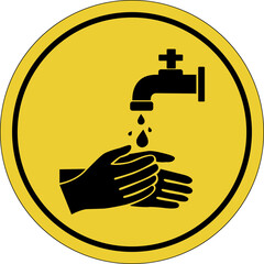 Wash your hands. Keep your hands clean. Water tap. Hand disinfection. Yellow circle sticker. Warning icon. Yellow sign. Circle label.