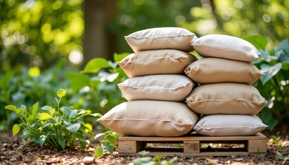 Stacked burlap sacks resting on a wooden pallet in a lush garden  