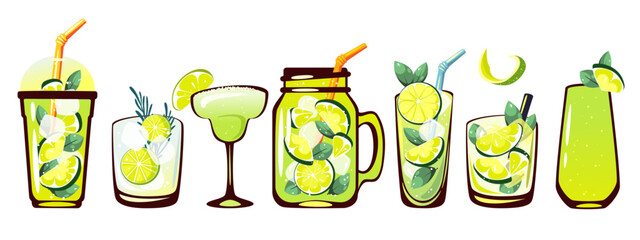 A set of cocktails with lime.Refreshing drinks, Caipirinha, gin and tonic, classic mojito, margarita, lime juice, lemonade in a jar. Vector illustration.	
