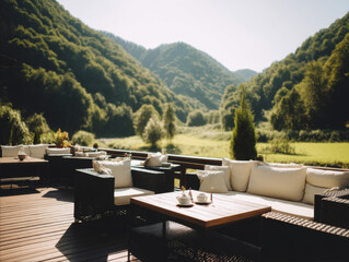 Fototapeta premium Terrace restaurant at Mountain Grassland Hotel with modern furniture and black sofas, outdoor tea set and coffee, Contemporary design meets natural tranquility in this elevated dining scene, leisure, 