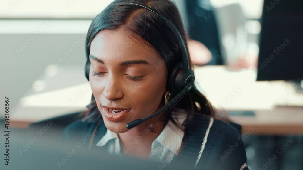 Aufkleber Support, talk and woman in call center for help, problem solving or crm for IT. Customer service, virtual assistance and agent speaking on computer for technical advice, troubleshooting or coworking