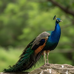 Fototapeta premium Beautiful peacock showing off colorful green and blue feathers in nature