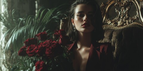 Portrait of a Woman in Red Dress with Roses