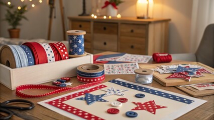 Crafting a patriotic scene with red, white, and blue ribbons and star-shaped decorations.
