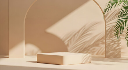 Beige 3D Render Podium Display with Palm Tree Shadows and Arches for Product Showcase and Beauty Presentation.