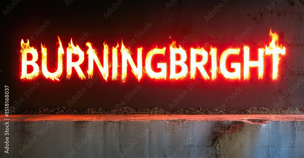 Poster bright text burningbright glows intensely. flames accent letters. dark background contrasts with fie