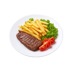 Grilled steak with french fries and salad isolated on transparent background