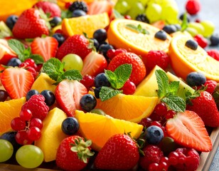 Obraz premium Fresh fruits arrangement, colorful display, healthy nutrition, vitamins concept, natural lighting, vibrant colors