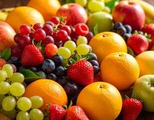 Fresh fruits arrangement, colorful display, healthy nutrition, vitamins concept, natural lighting, vibrant colors