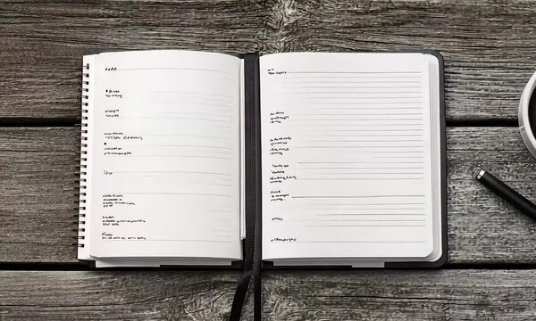 Open spiral-bound notebook with handwritten notes and a cup of coffee
