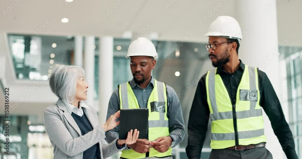 Poster contractor, team and tablet with people in building for structure engineer, construction and propert