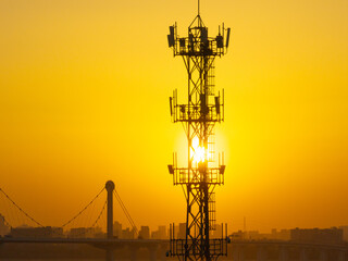 telcommunication tower  for 5g during sunset