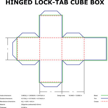 Hinged lock tab cube box template die cut design