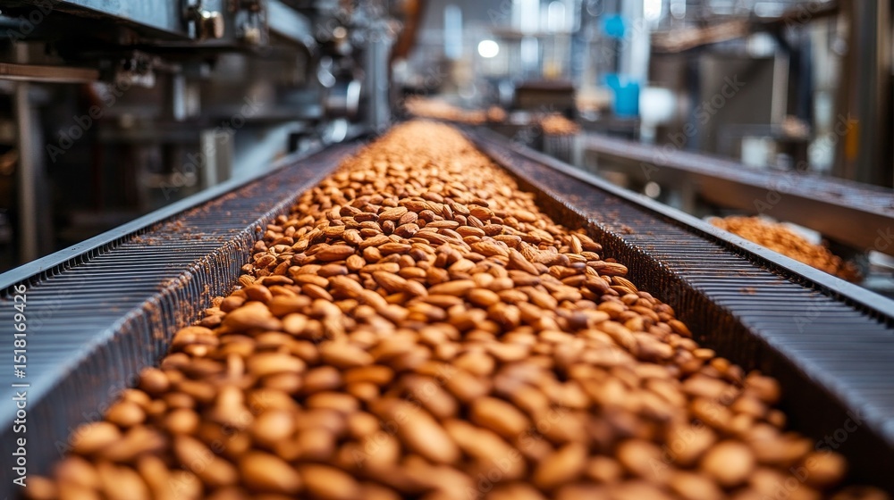 Poster a conveyor belt is filled with raw almonds as they move through an industrial processing facility. w