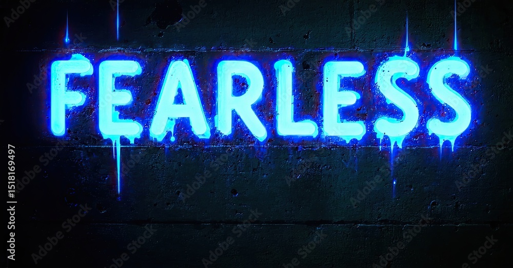 Poster bright neon sign spells fearless. dripping effect adds dramatic visual interest against dark texture