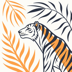 Fototapeta premium Tiger illustration surrounded by tropical leaves in vibrant colors 