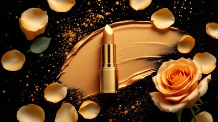 top view photo of ิgold lipstick black background with gold powder and light gold roses