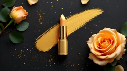top view photo of ิgold lipstick black background with gold powder and light gold roses