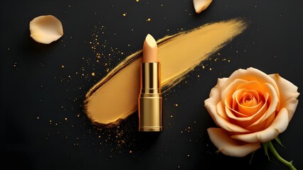 top view photo of ิgold lipstick black background with gold powder and light gold roses