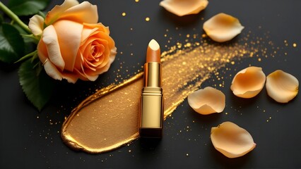 top view photo of ิgold lipstick black background with gold powder and light gold roses
