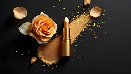 top view photo of ิgold lipstick black background with gold powder and light gold roses