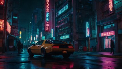 Retro yellow car in cyberpunk asian city at night