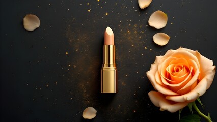 top view photo of ิgold lipstick black background with gold powder and light gold roses
