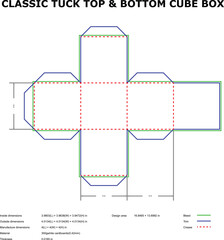 Classic tuck top bottom cube box die cut template diagram