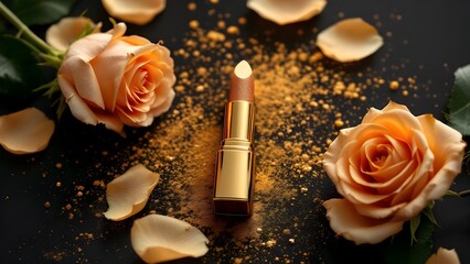 top view photo of ิgold lipstick black background with gold powder and light gold roses