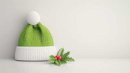 Cozy green Christmas hat with white brim and pom pom, paired with holly leaves and berries