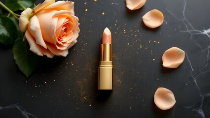 top view photo of ิgold lipstick black background with gold powder and light gold roses