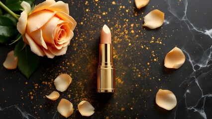 top view photo of ิgold lipstick black background with gold powder and light gold roses
