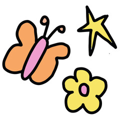 Hand drawn orange butterfly, flower, star for animal, zoo, souvenir shop, cute patches, shirt print, brooch, spring, summer, nature, garden, backyard, floral print, blossom, blooming, insects, home