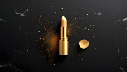 top view photo of ิgold lipstick black background with gold powder and light gold roses