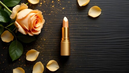 top view photo of ิgold lipstick black background with gold powder and light gold roses