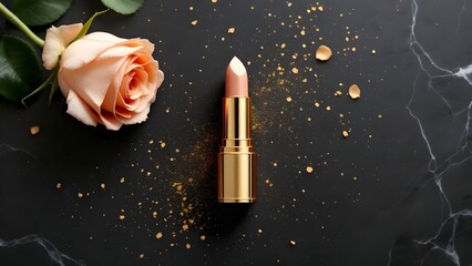 top view photo of ิgold lipstick black background with gold powder and light gold roses