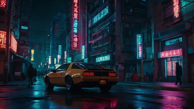 Retro yellow car in cyberpunk asian city at night