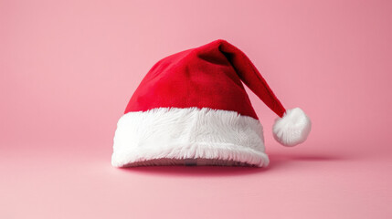 Festive red Christmas hat with fluffy white trim sits against pink background, evoking holiday