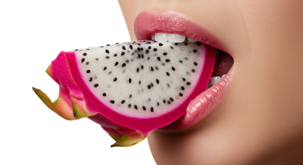 Woman Eating a Dragon Fruit A Close-Up Image of Vibrant Pink and White Tropical Fruit, isolated on white or transparent background
