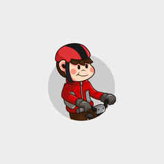 cartoon mascot logo, cute man with red helmet riding a bicycle for a speed race