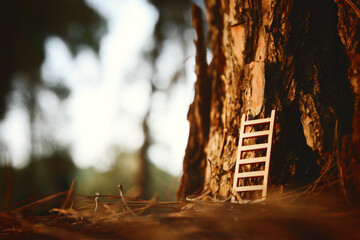 Concept image of small ladder against tree trunk. Idea of growing and climbing up